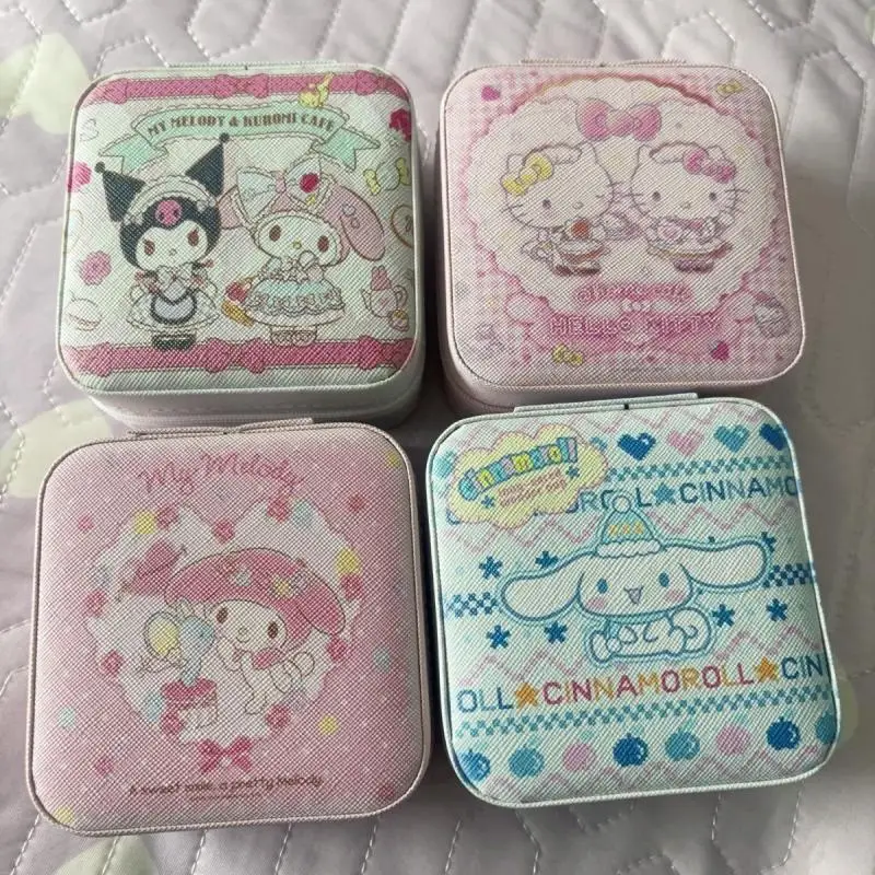 Kawaii Sanrio Hello Kitty scatola di immagazzinaggio di gioielli Cinnamoroll Kuromi Anime Cartoon Earnail collana portatile Jewel Case Girl Gifts