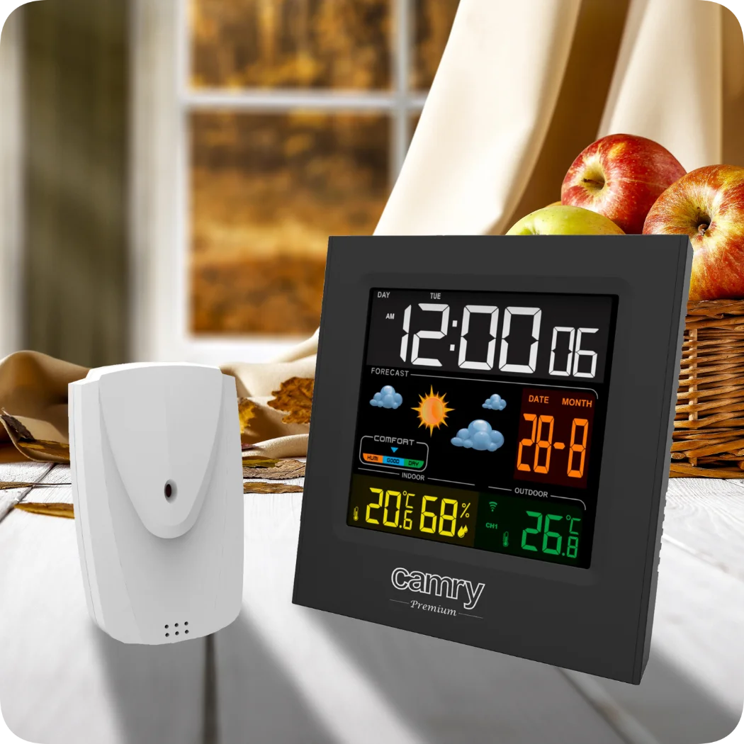 Weerstation met temperatuurmeting, vochtigheidswekker en klok, elegant design, batterij en netwerkvermogen