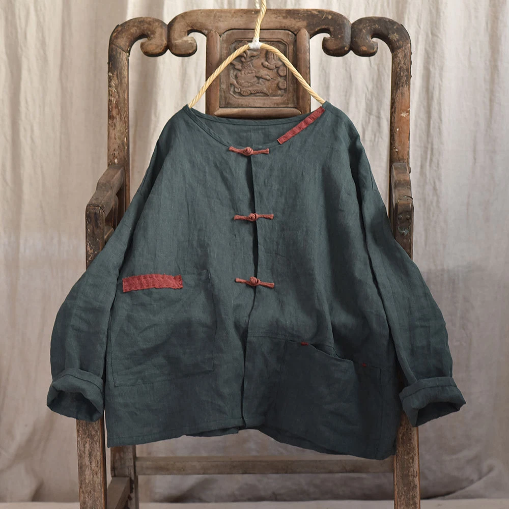 여성용 긴팔 리넨 셔츠, 빈티지 O넥 단색, 루즈한 여성 캐주얼 상의 셔츠, M470, 2025 용수철 중국 스타일, 신상