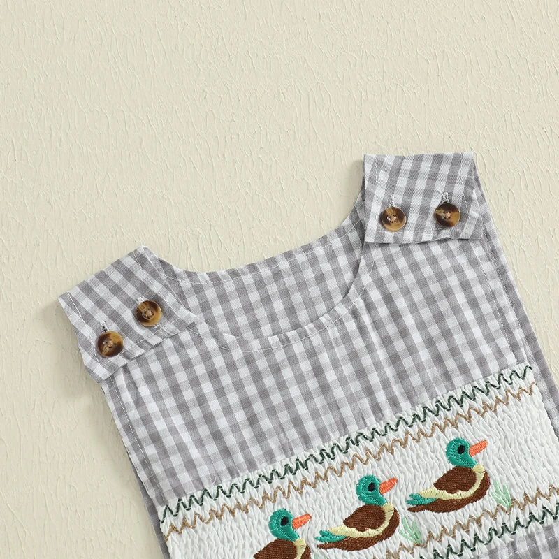 Mameluco sin mangas con cuello redondo para bebés con lindo bordado de oso y patrón a cuadros para diversión de verano