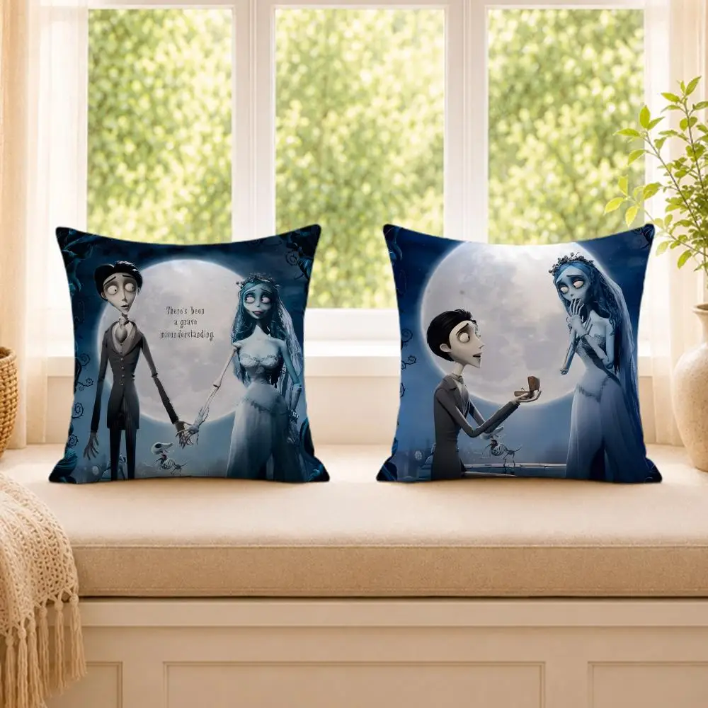 C-Corpse Bride Cartoon Anime Cushion Cover Wrinkle-Resistant Short Plush Cushion Covers Breathable Machine-Washable