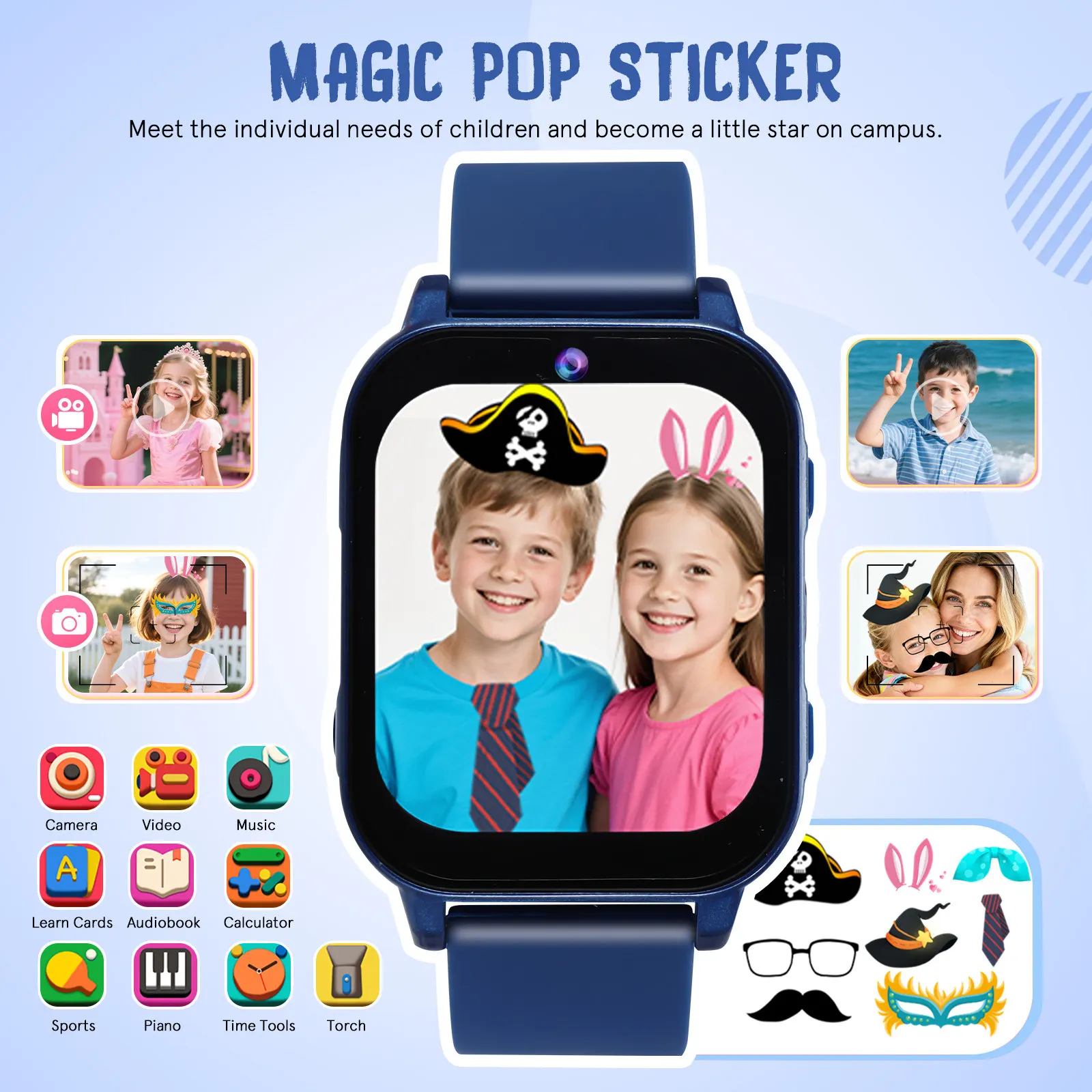 Kids Watch with Games Digital Education Touchscreen Smart Watch for Boys Girls Blue Lightweight Comfortable Stopwatch Sports