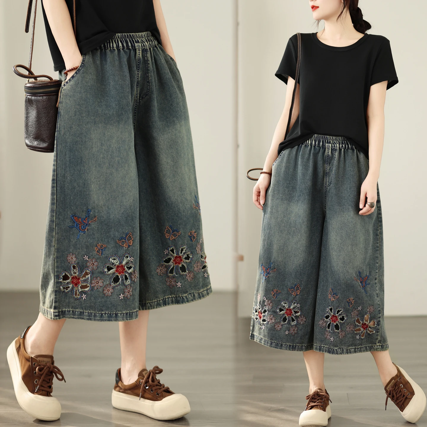 

Casual Fashion Soft Denim Wide Leg Pants Summer Versatile Floral Pants High Waist Cotton Polyester Blend Non-Stretch Jeans