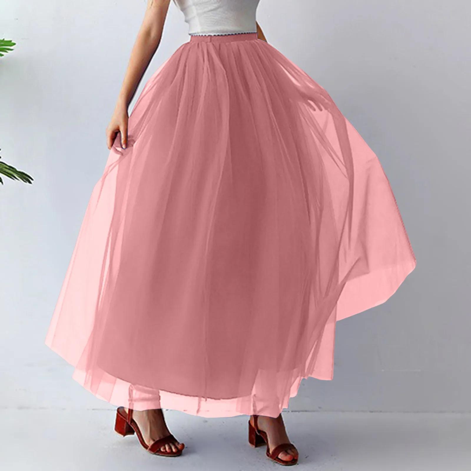 

Women Fashion Mid Length Tutu Dress Adult Elastic Waist High Low Tulle Maxi Dress for Party Carnival Match Mini Skirt