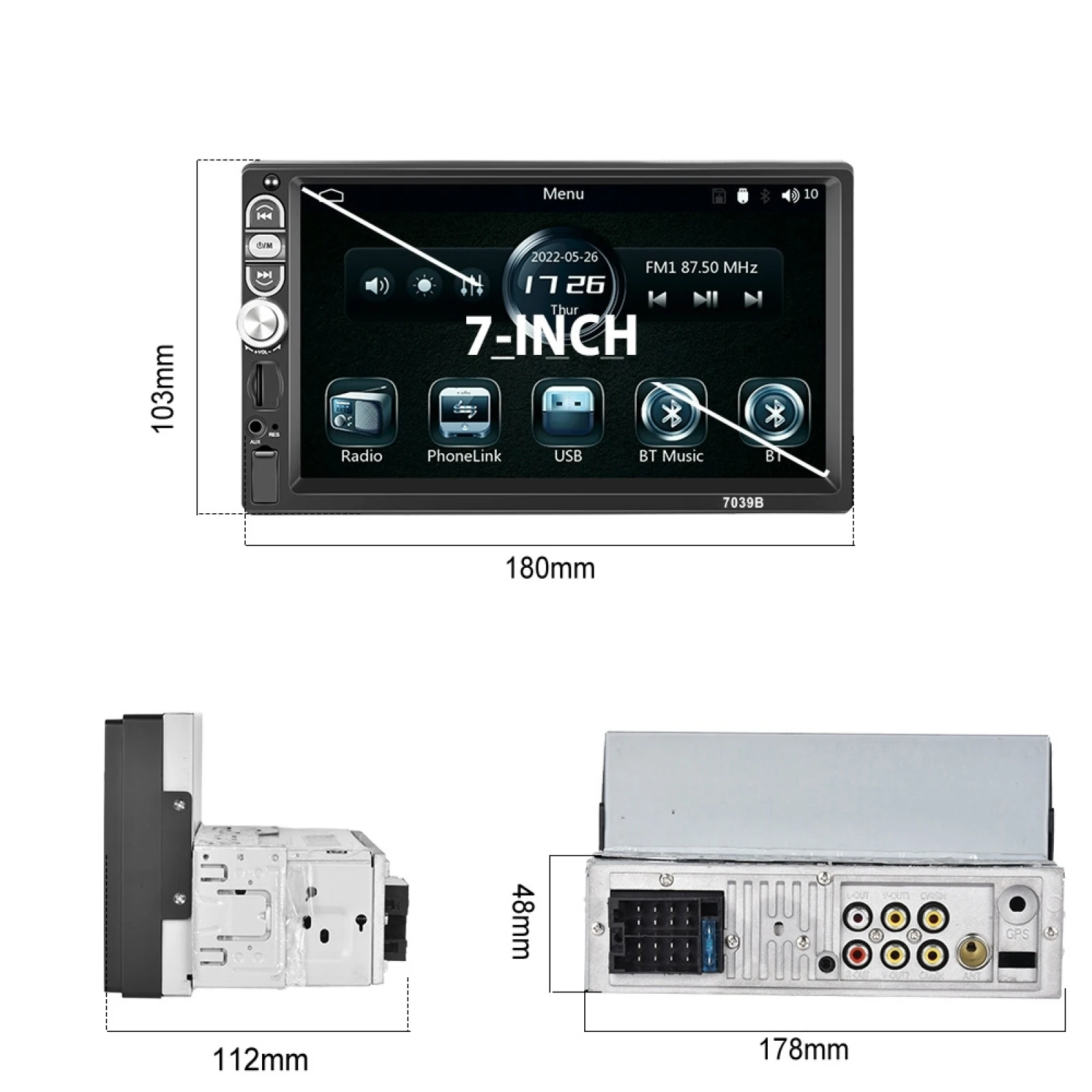 

A3061 7 Inches MP5 Bluetooth Player Universal Wired CarPlay Reversing Image Integrated, Style: Standard+8 Lights Camera