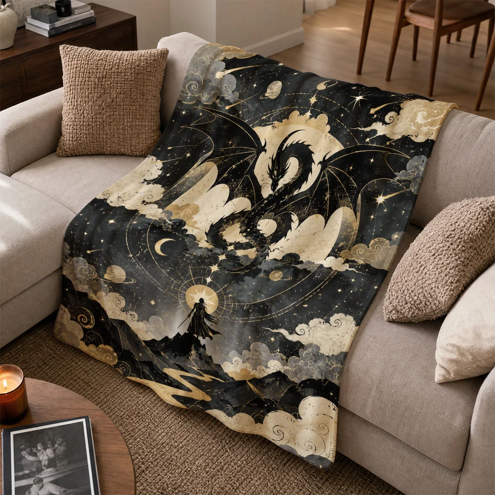 Luxury Cosmic Zodiac Astrology Throw Blanket Dark Celestial Dragon Constellation Galaxy Night Art Sofa Decor