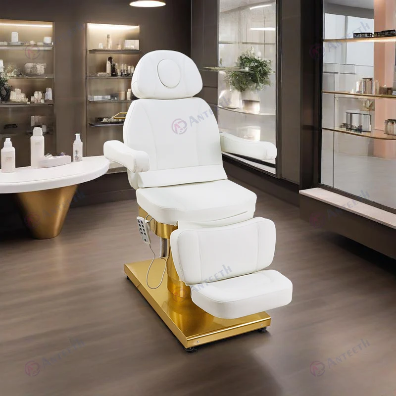 

Anteeth Beauty Spa Table 3motors Customizable Color Lash Beauty Massage Bed Footrests Gold Base Top Massage Bed China Furniture