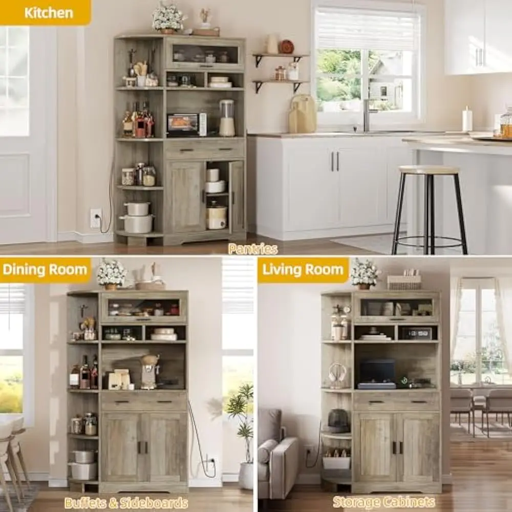 Mobiletto per dispensa da cucina da 67", scaffale per panettiere con armadietto portaoggetti, bar con stazione di ricarica, credenza per buffet