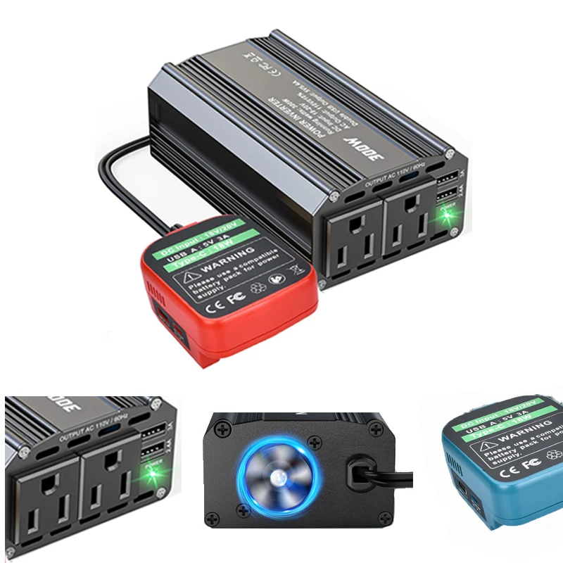 

300W Portable Power Inverter Power Inverter DC Charger Adapter Compatible with For Makita/DW/Milwaukee 18/20V Lithium Batteries