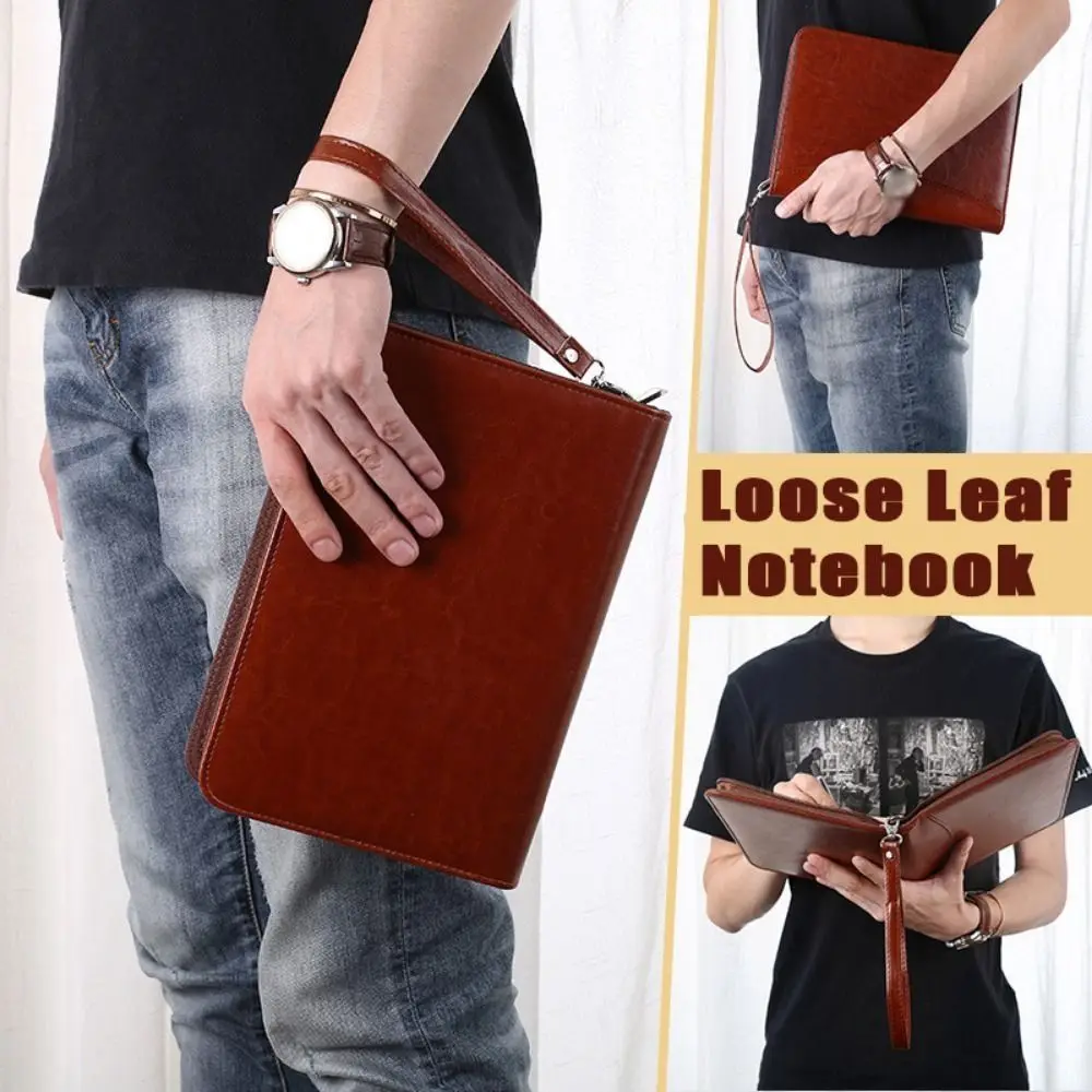 

Portable File Folder PU Leather 6-Ring Portfolio Binder Card Holder Zippered Closure Business Notebook Business Meeting