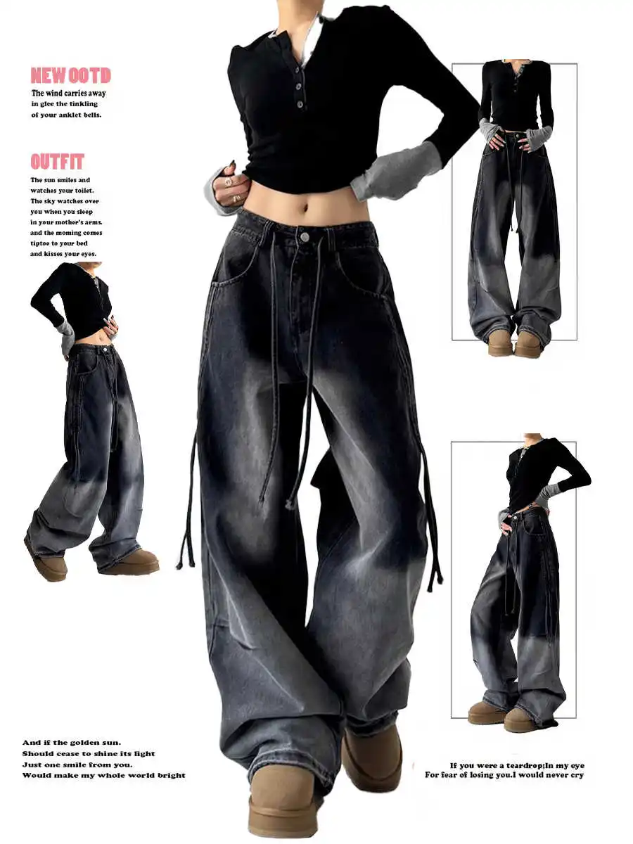 

2025 Autumn Winter Women's Dark Academia Denim Pants Y2K Baggy Jean Japanese Harajuku Grunge Wide Fit Jean Cowboy Mom Jeans New