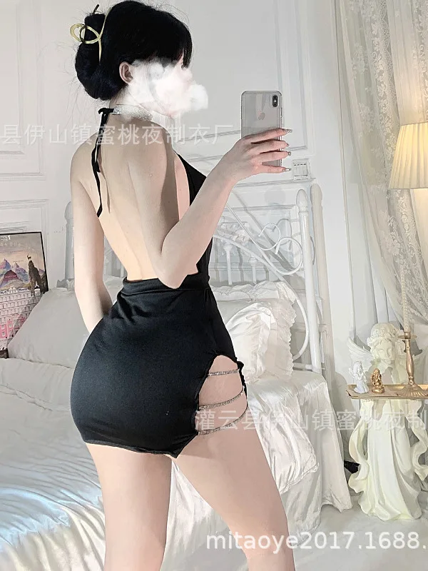 Diversão transparente novo pescoço picante pendurado corrente secretário uniforme sexy abertura lateral oco para fora cama roupa interior apaixonada vestido dk6j