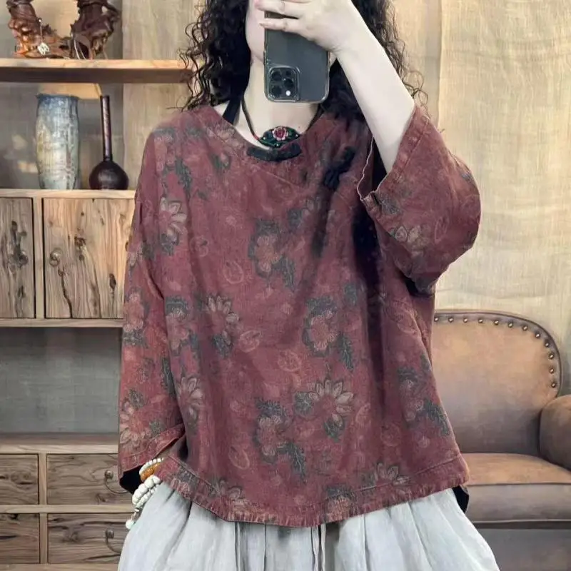 New Spring Arts Style Women V-neck Loose Casual Tshirt Vintage Knot Button Flower Print Cotton Linen Tee Shirt Femme Tops TL149
