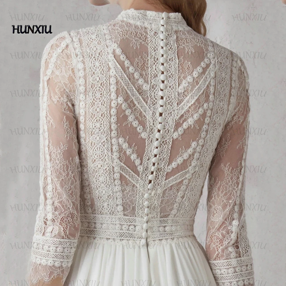 Boho Drie Kwart Trouwjurken Lace Illusion Tule En Chiffon Bruid Formele Jurk A-lijn Floor Lengte Custom Bruidsjurken