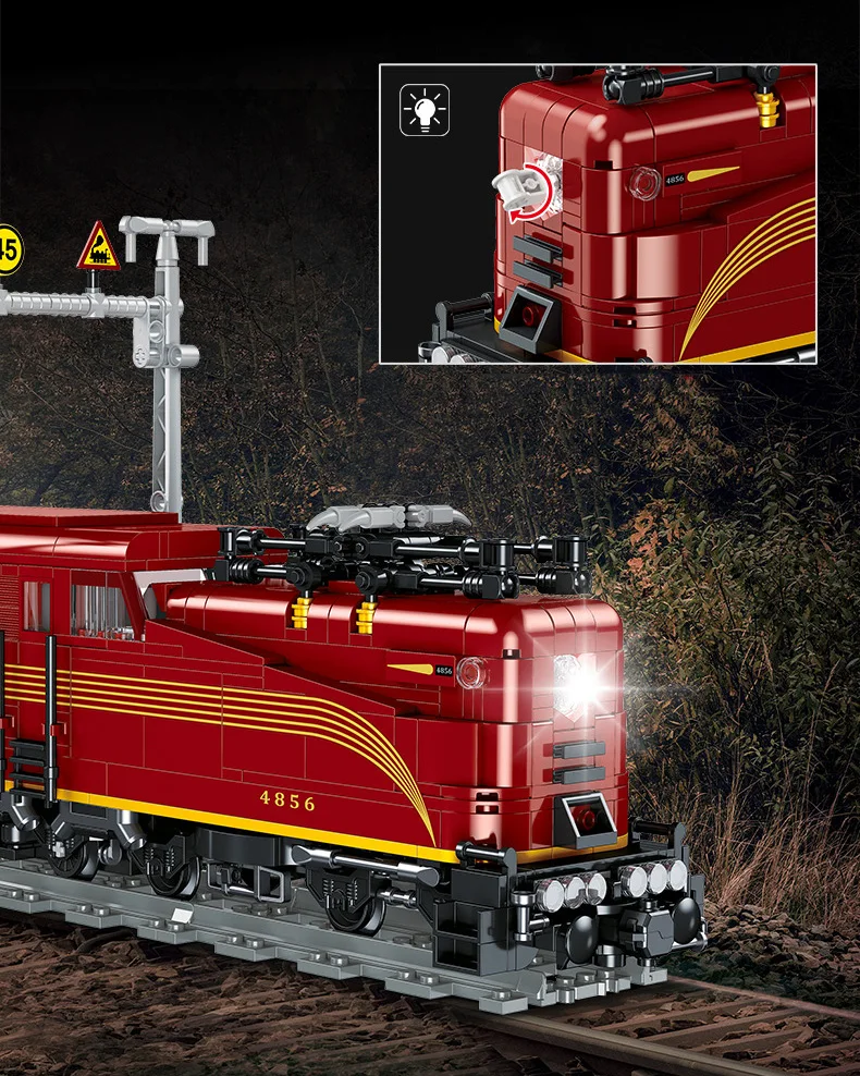 Klassisches Stadtfahrzeug-Bausteinset Eisenbahn-Konstruktion Vintage-Expresszug Lernspielzeug-Kollektion mit Beleuchtung – Detail 5