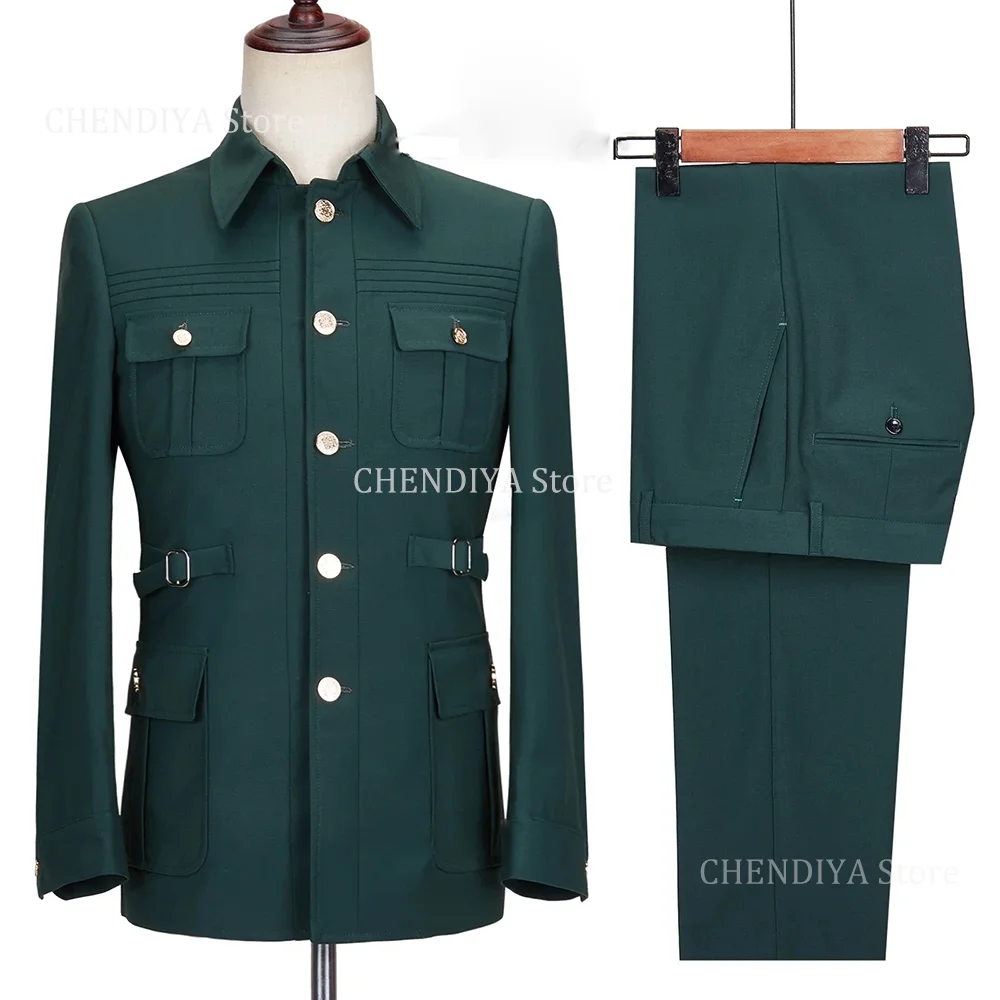 Customized Men Suit Stand Collar Chic Single Breasted 4 Patch Pocket Daily Office Buainess Casual Party Male Outfit Jacket Pants