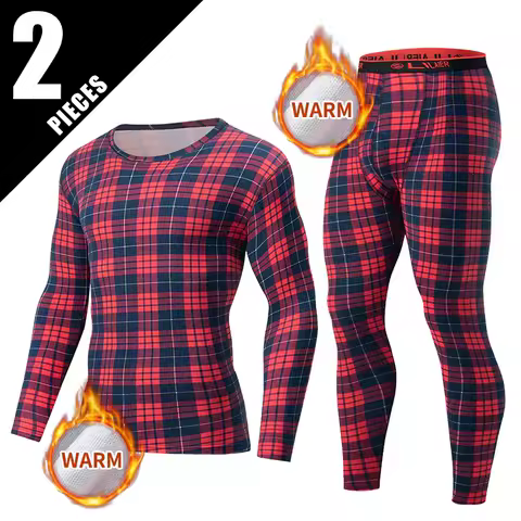 2-piece Men's Autumn/Winter Grid Camouflage Printed Thermal Underwear Set Sports And Casual Autumn Clothing Pants Trendy
