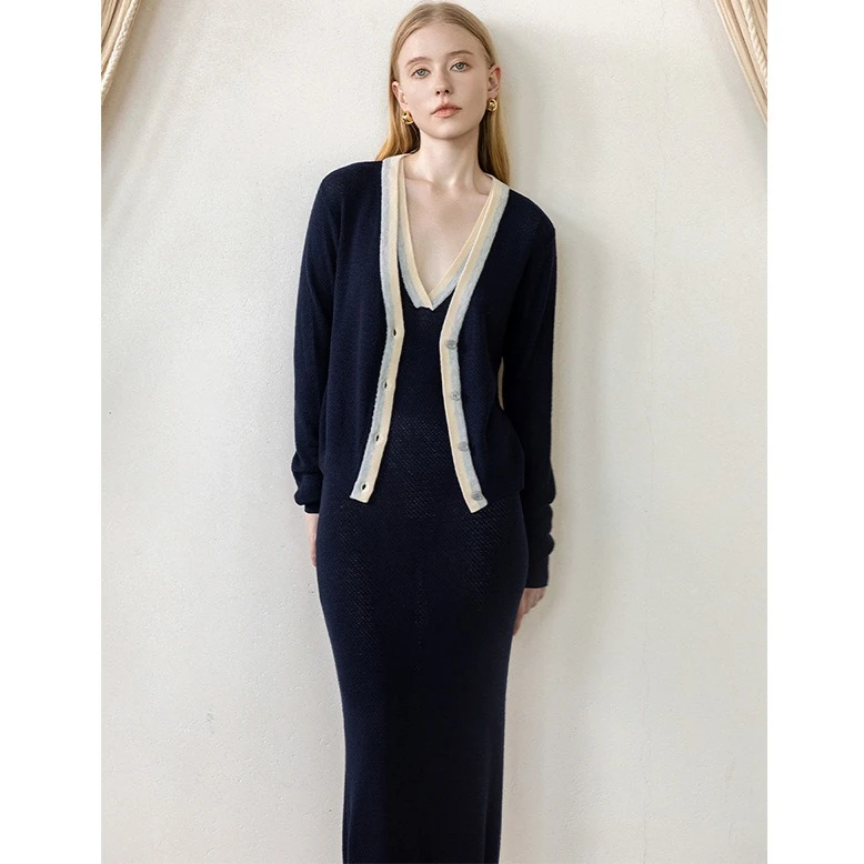 

Women's dark blue elegant two-piece suit slim fit knitted V-neck dress or single-breasted long-sleeved cardigan