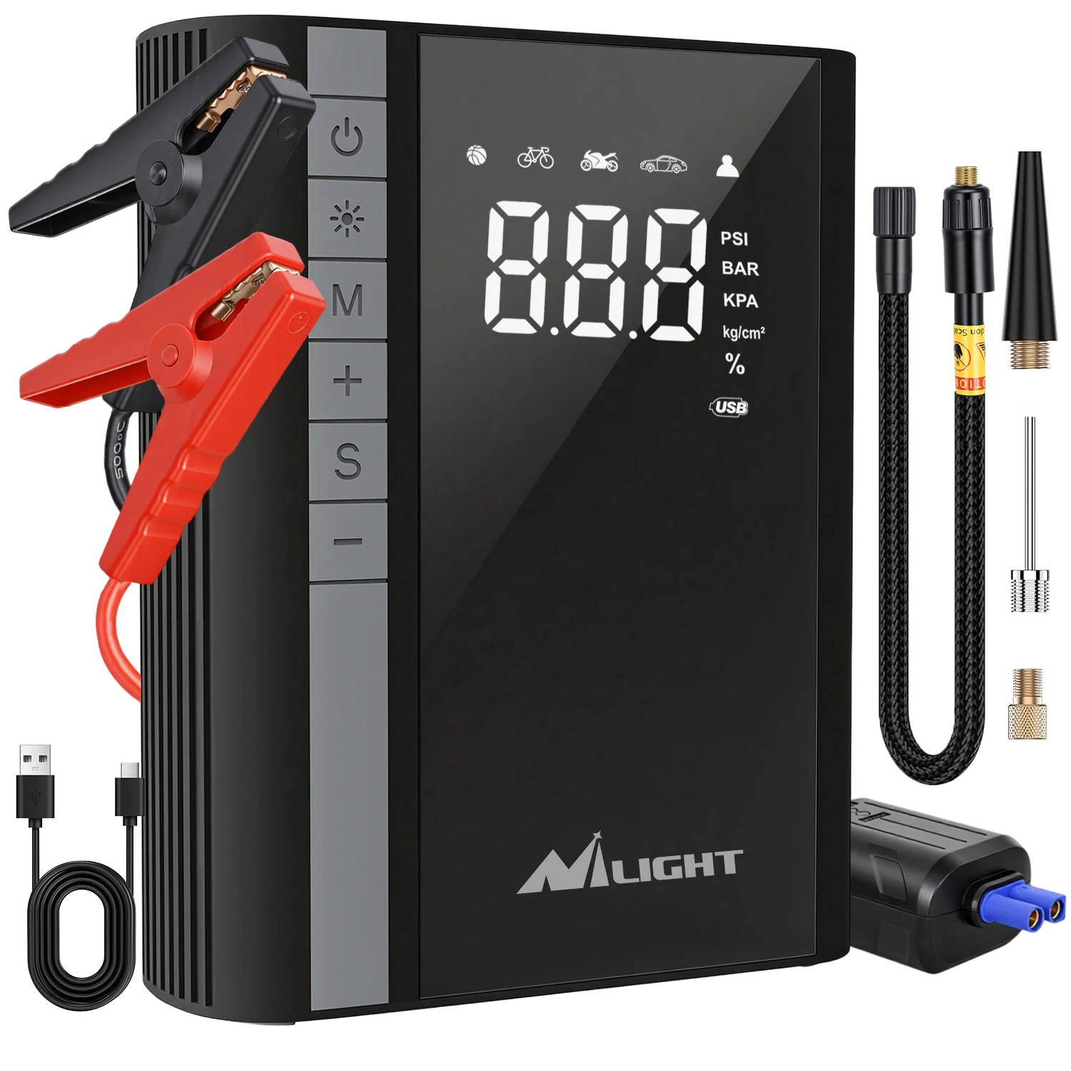 Nilight 1500A Portable Car Jump Starter with Air Compressor, 10000mAh Battery Booster, Tire Inflator, LED Flashlight & USB Power Bank for 12V Cars, SUV, Truck