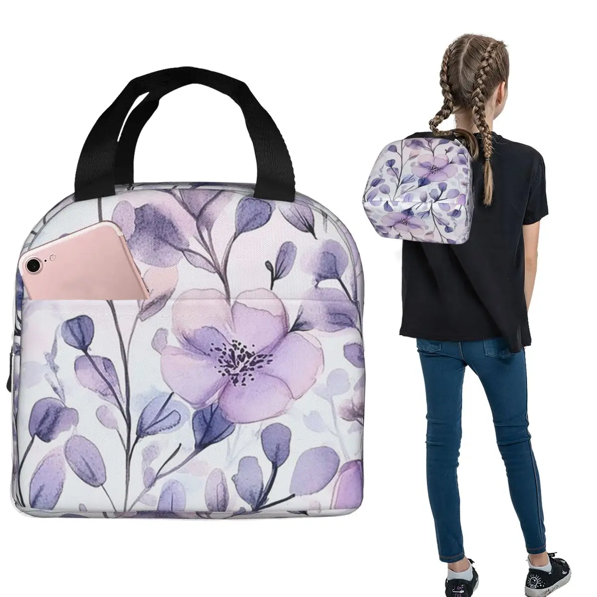 Light Purple Floral Pattern Insulated Lunch Bag for Women Children Portable Food Boxes Thermal Lunch Box Tote