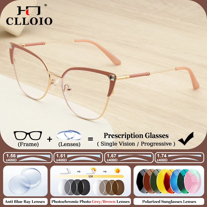 

CLLOIO Women Fashion Cat Eye Anti Blue Light Prescription Glasses Large Frame Photochromic Myopia Optical Progressive Eyeglasses