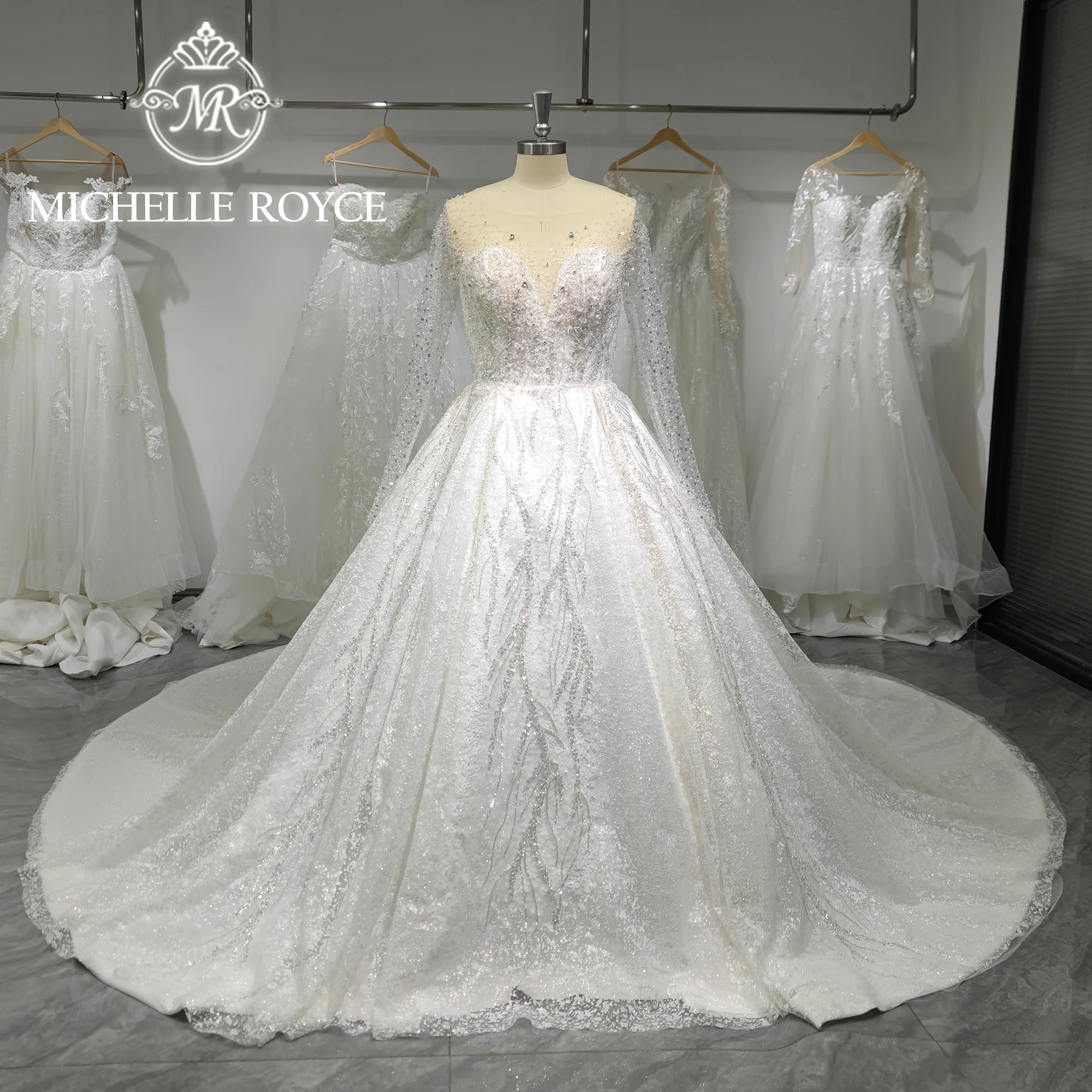 

Michelle Royce Ball Gown Luxury Wedding Dress For Woman 2024Shimmering Long Sleeve Beading Chapel Train Wedding Gown For Bride