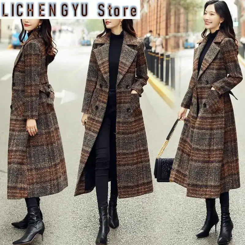 Plaid Woolen Coat Women Long Korean Style Waist Waist Female Autumn Winter New Thick Slim-fit Over-the-knee Woolen CoatM540