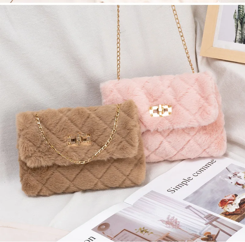 Artificial Plush Fashion Luxury Designer Shoulder Bag Embroidery Stripe Large Capacity Chain Shoulder Crossbody Bag for Women