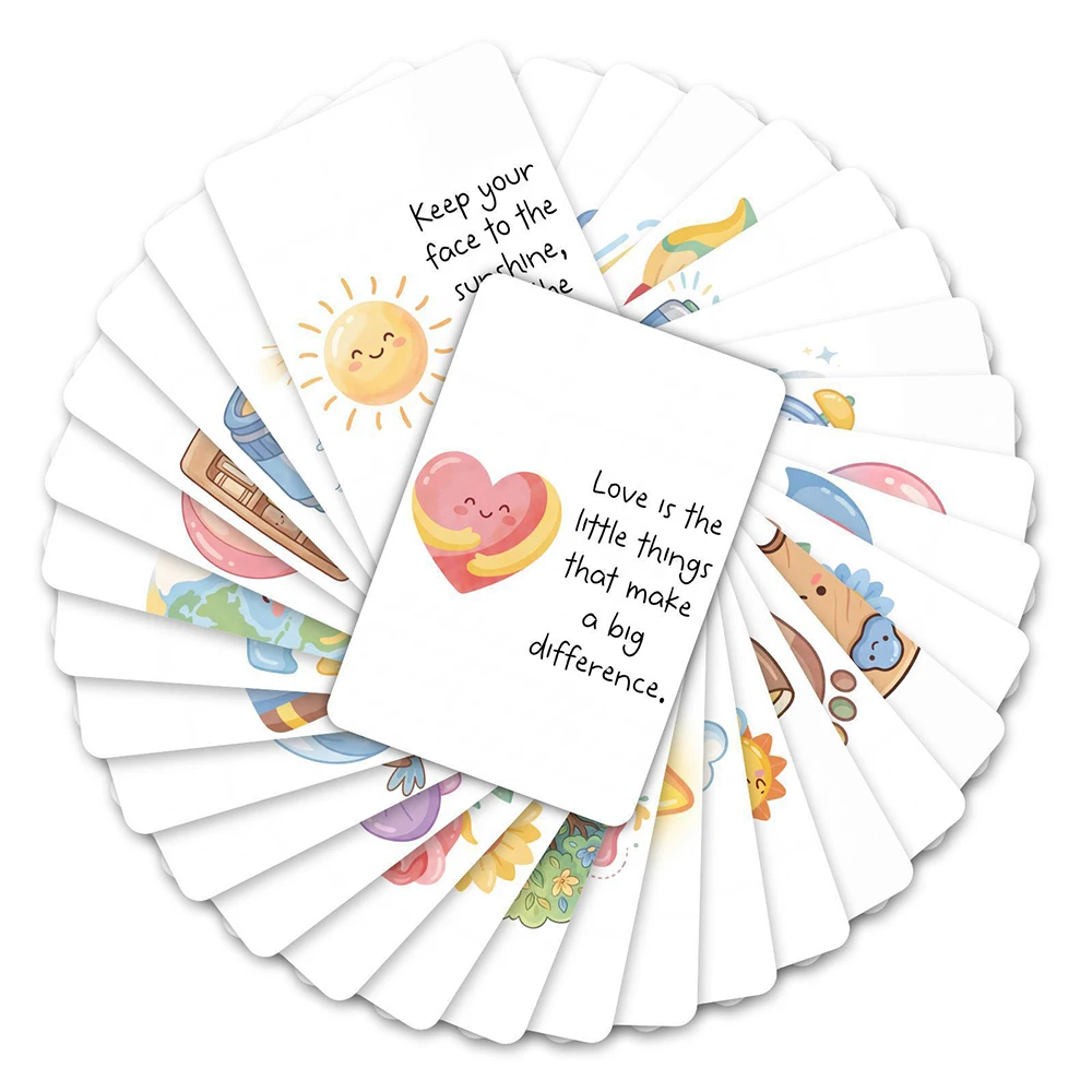36 cute motivational phrase cards, hand drawn cartoon style, warm and encouraging to others, positive energy motivational cards
