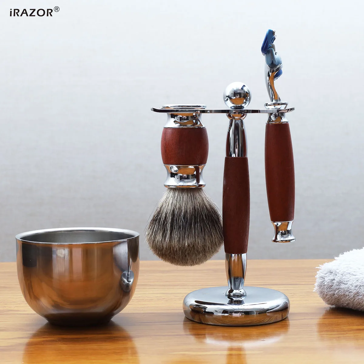 iRAZOR Luxury 5-Blade Fusion Safety Razor Shaving Kit Natural Rose Wood Handles Silver Tip Cleaning Badger Hair Grooming Tools