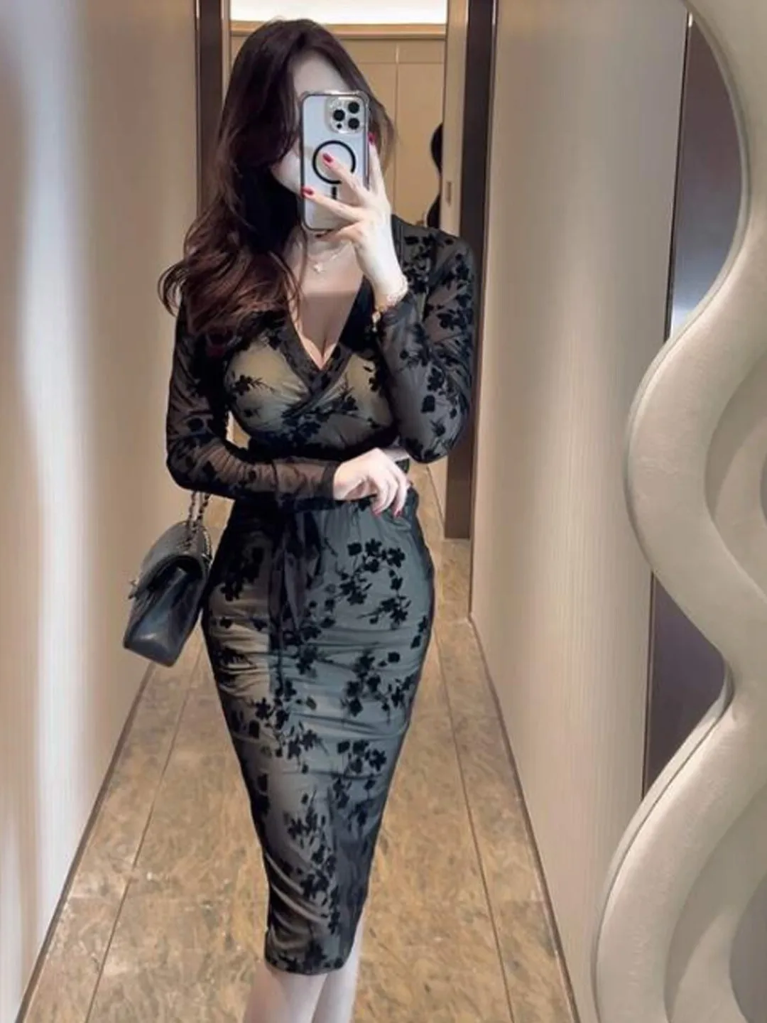 

Pure Desire Sexy Short Skirt Bodycon Lace V-neck Spring Fashion Women's Dress High Waist Long Sleeve Urban Commute Casual