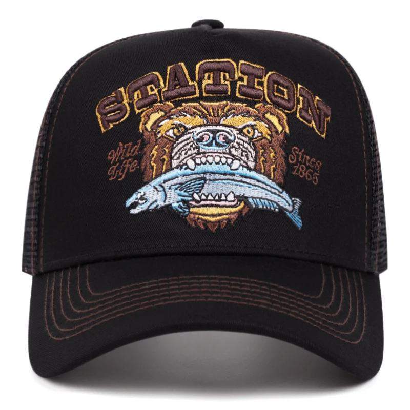 2025 Fashion New Bear Eating Fish Truck Hat Men's Street Skateboarding HipHop Hat Women's Outdoor Sunshade Baseball Hat Mesh Hat