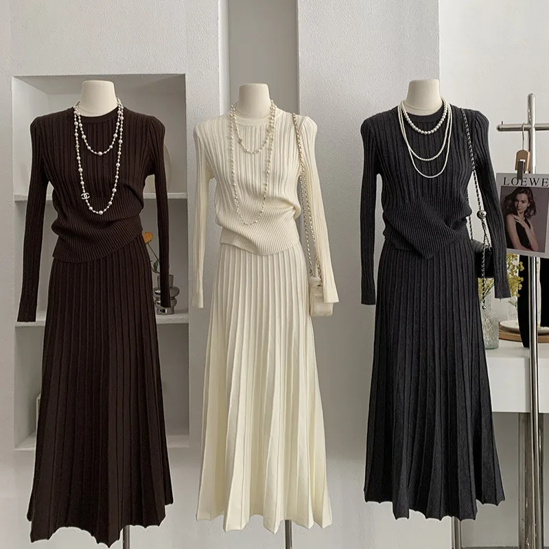 

Осень-зима, новый простой утягивающий дизайн, вязаный свитер, юбка, комплект из двух предметов, женская мода, элегантный стиль для поездок на работу