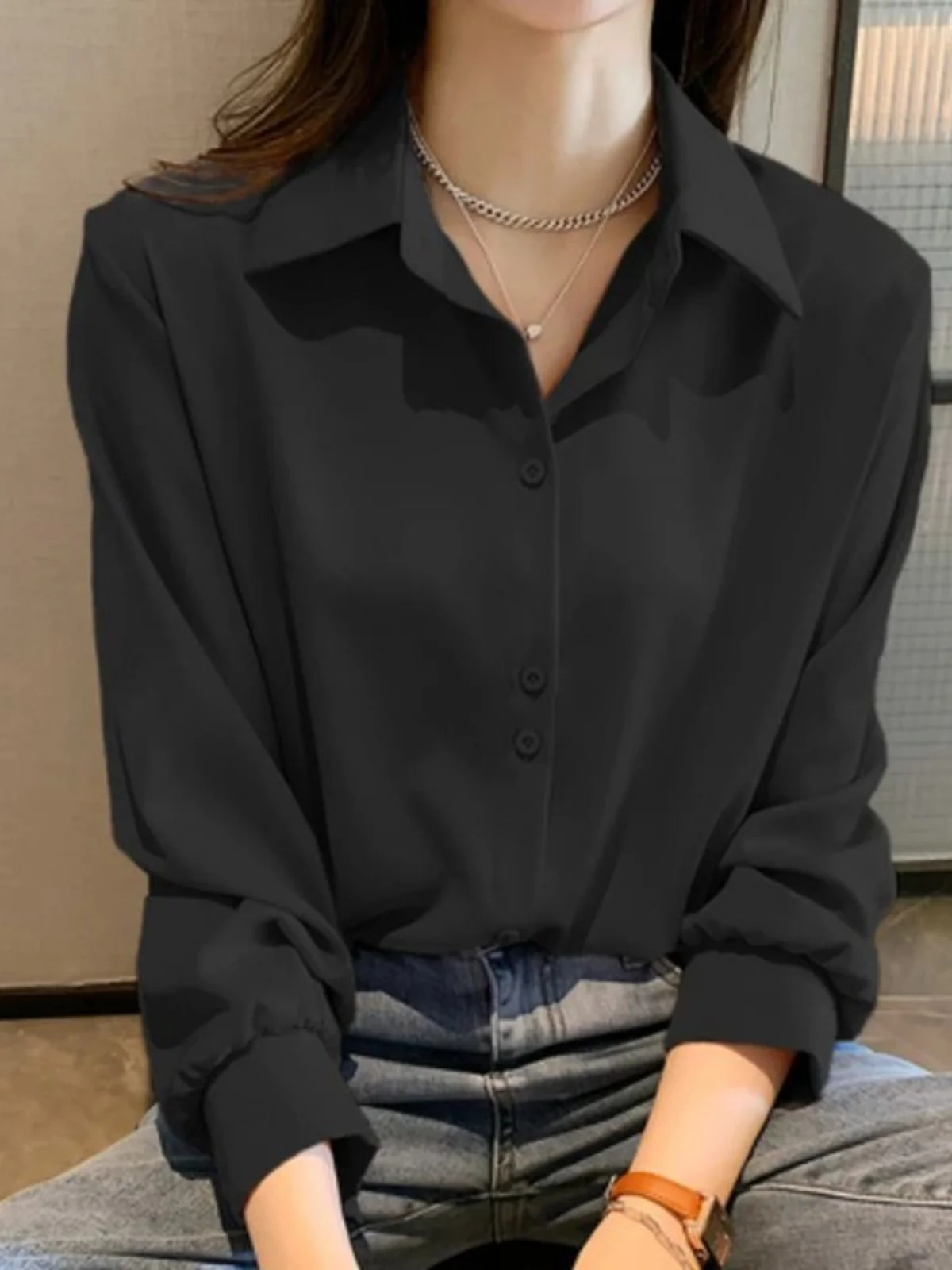 

Casual Loose Long Sve irt Street Sle Loose Fit Collared Long irt Casual Loose Turn-down Collar Full Sve irt