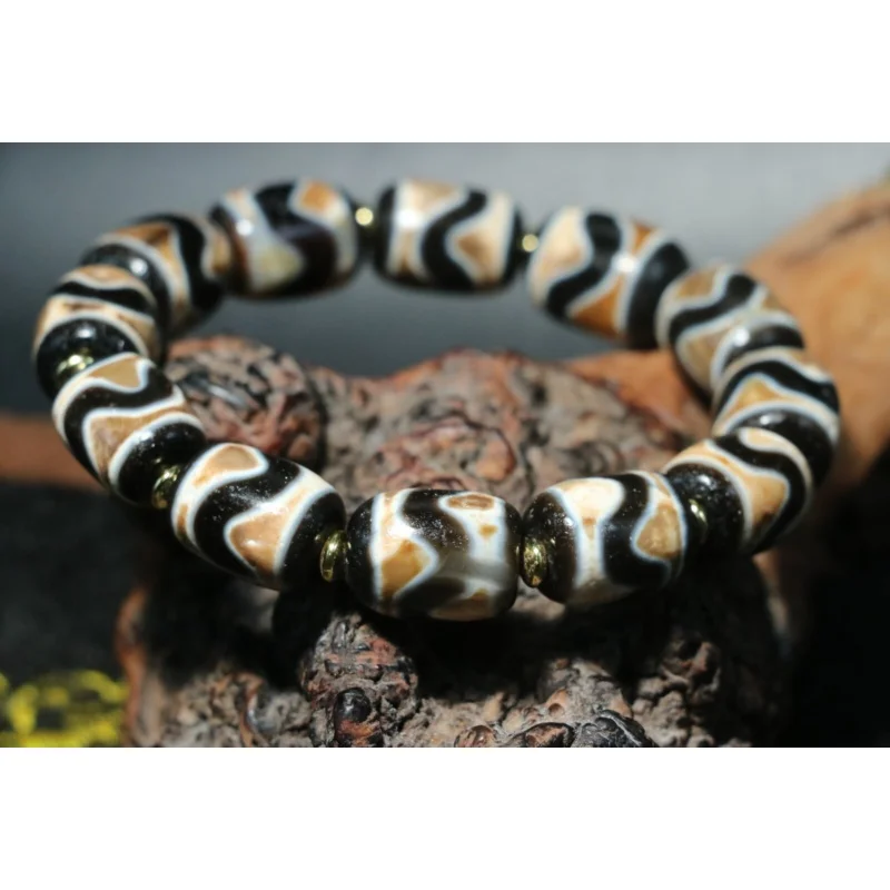 Energy Tibetan old Agate Tiger Tooth Symbol dZi Bead Totem Bracelet Amulet R38A1