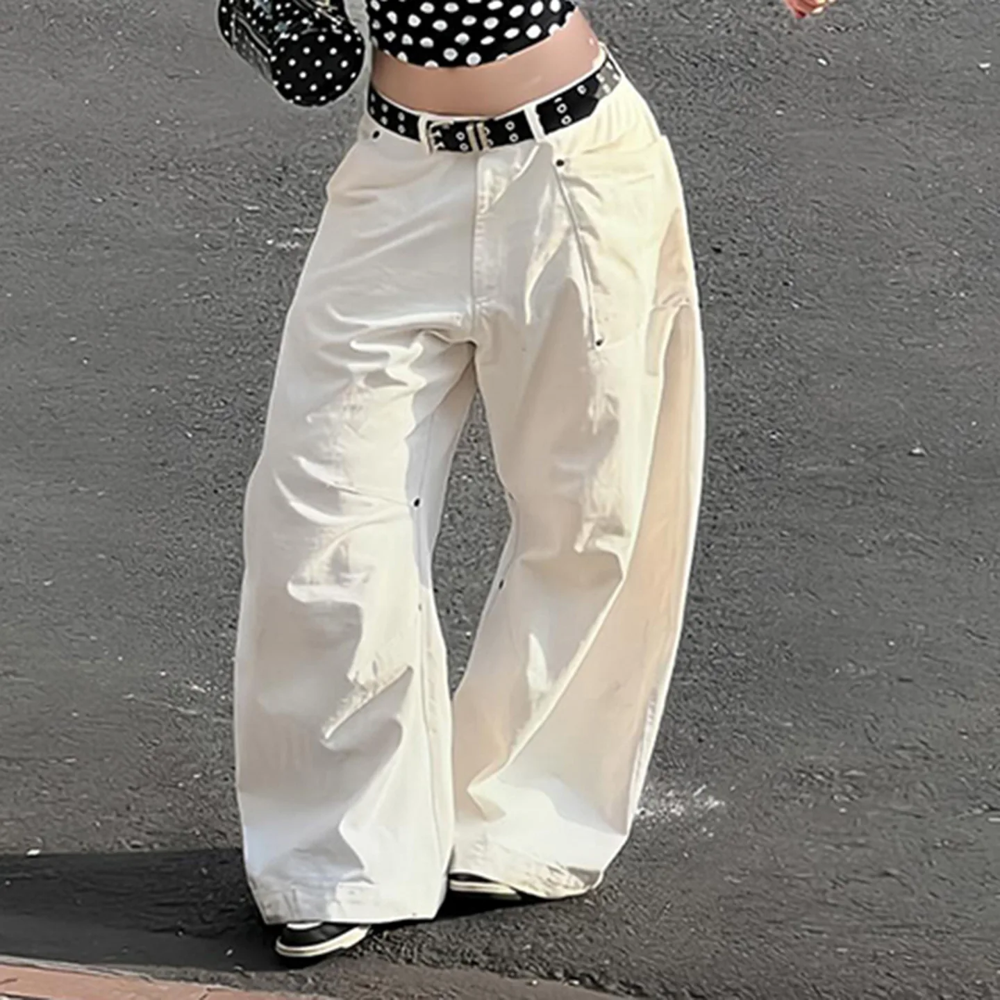 Jean en Denim taille basse pour femmes, jambes larges, ample, amincissant, couleur Pure, tissu drapé décontracté, coupe droite, sans étirement