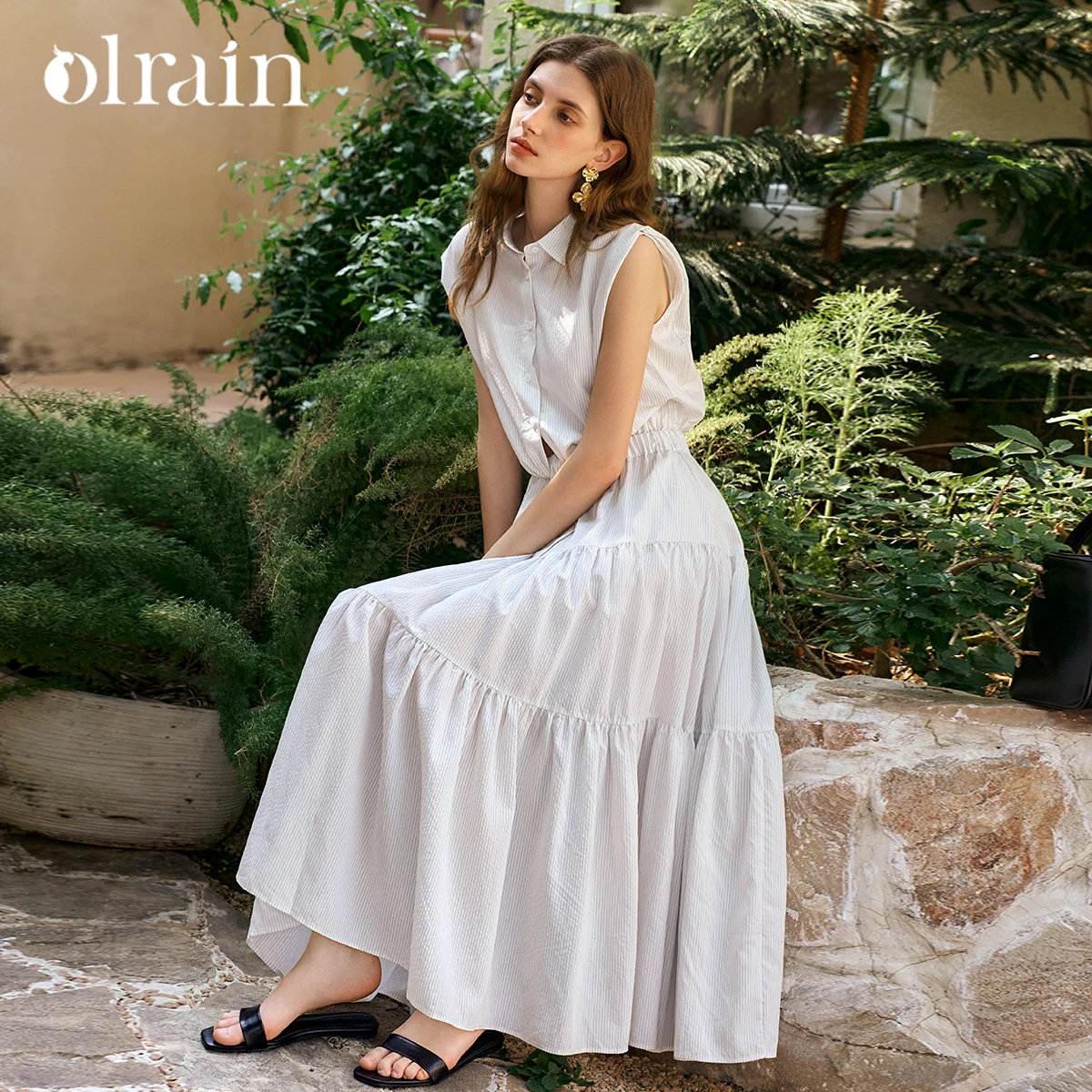

OLrain Woman Summer Long Vacation Dress 2026 Sleeveless Lapel Strap White Ladies A-Line Dress Women's Clothing O57XL99505