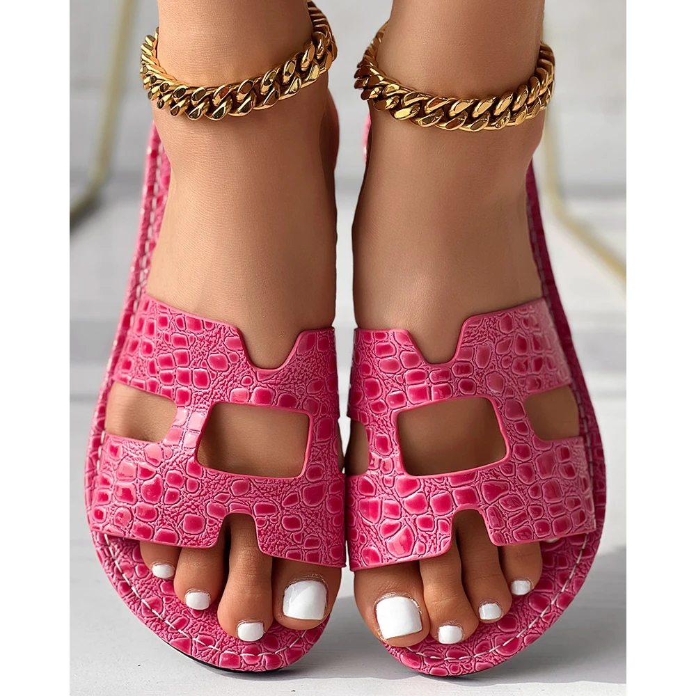 Fashion Women Crocodile Pattern Slippers Lady Summer Casual Hollow Out Round Toe Flats Lightweight Beach Going Out Sexy Shoes