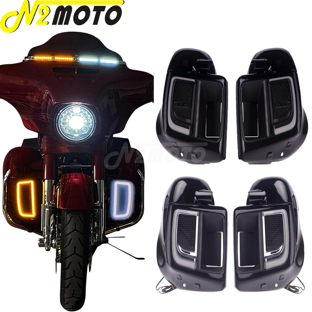 1 Pair Motorcycle Lower Leg Warmer Vented Fairing w/ LED Light For Harley Touring Road King Road Glide Electra Glide 2014-2021