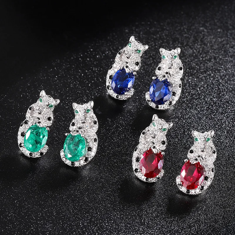 

S925 Silver Independent Packaging Earstuds Colorful Treasure Leopard Style Women's Earstuds Main Stone 6 * 8