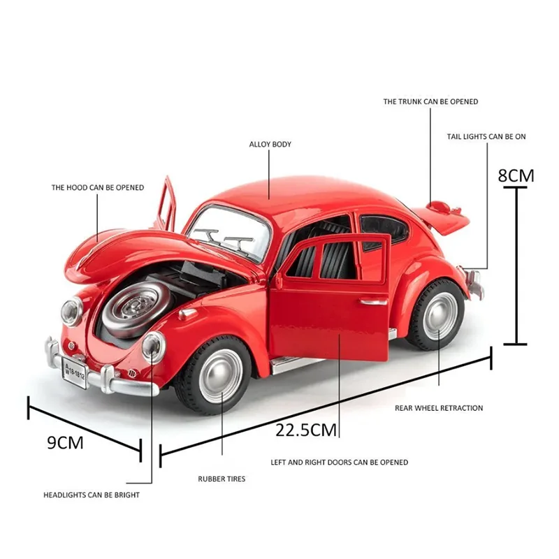 1:18 1955 besouro liga clássico modelo de carro diecast brinquedo metal carro som e luz puxar para trás simulação coleção presentes brinquedos meninos