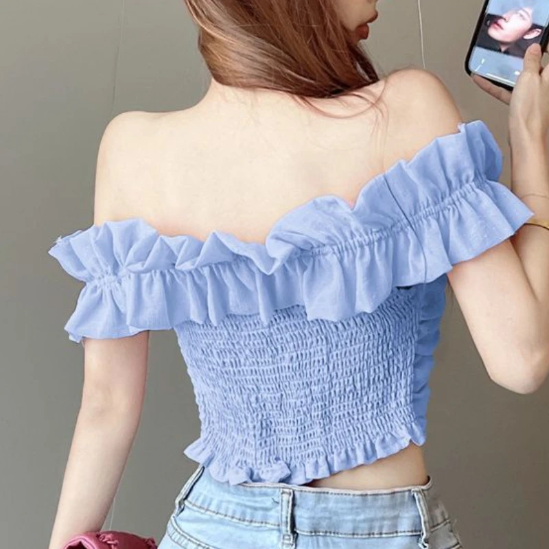 Slash Neck Blouses Women Ruffles Elegant Summer Crop Tops Aesthetic Simple Vacation Mujer Clothing Off Shoulder Daily Y2k Sexy