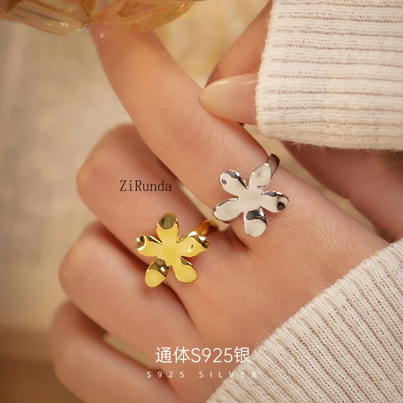 خاتم على شكل زهرة لامعة كلاسيكية فرنسية للنساء، خاتم بتلات كبير وبسيط للرياح الباردة