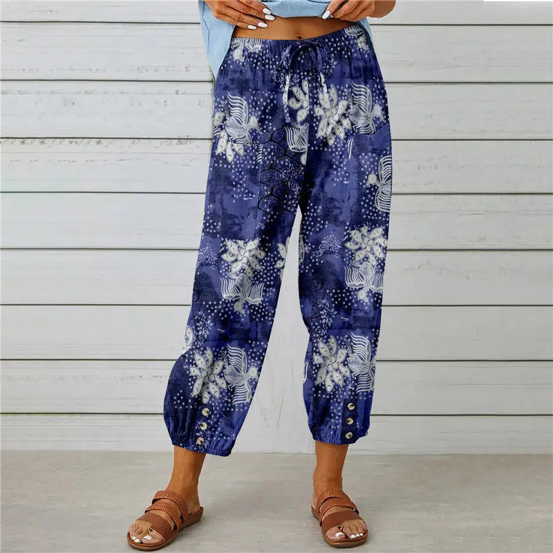 Dameskleding Retro Boho Print Katoenen Linnen Enkellange Harembroek Y 2K Zomer Casual Hoge Taille Trekkoord Broek Pantalones