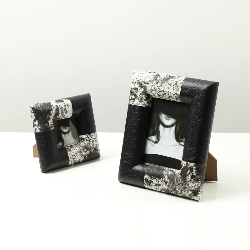Italian light luxury creative color matching leather pattern photo frame, exhibition hall villa  bedside table desktop