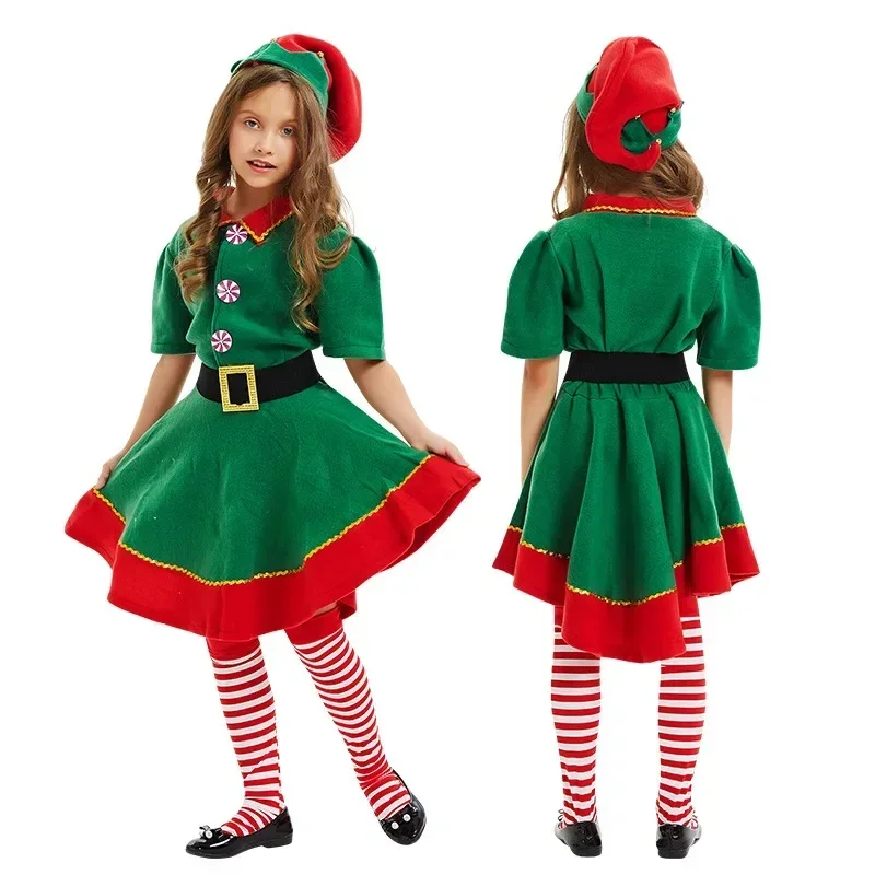 Świąteczny elf przebranie na karnawał dziewczyny Xmas święty mikołaj zielona sukienka elfa dla dzieci dorośli jednakowe stroje rodzinne odzież typu Cosplay