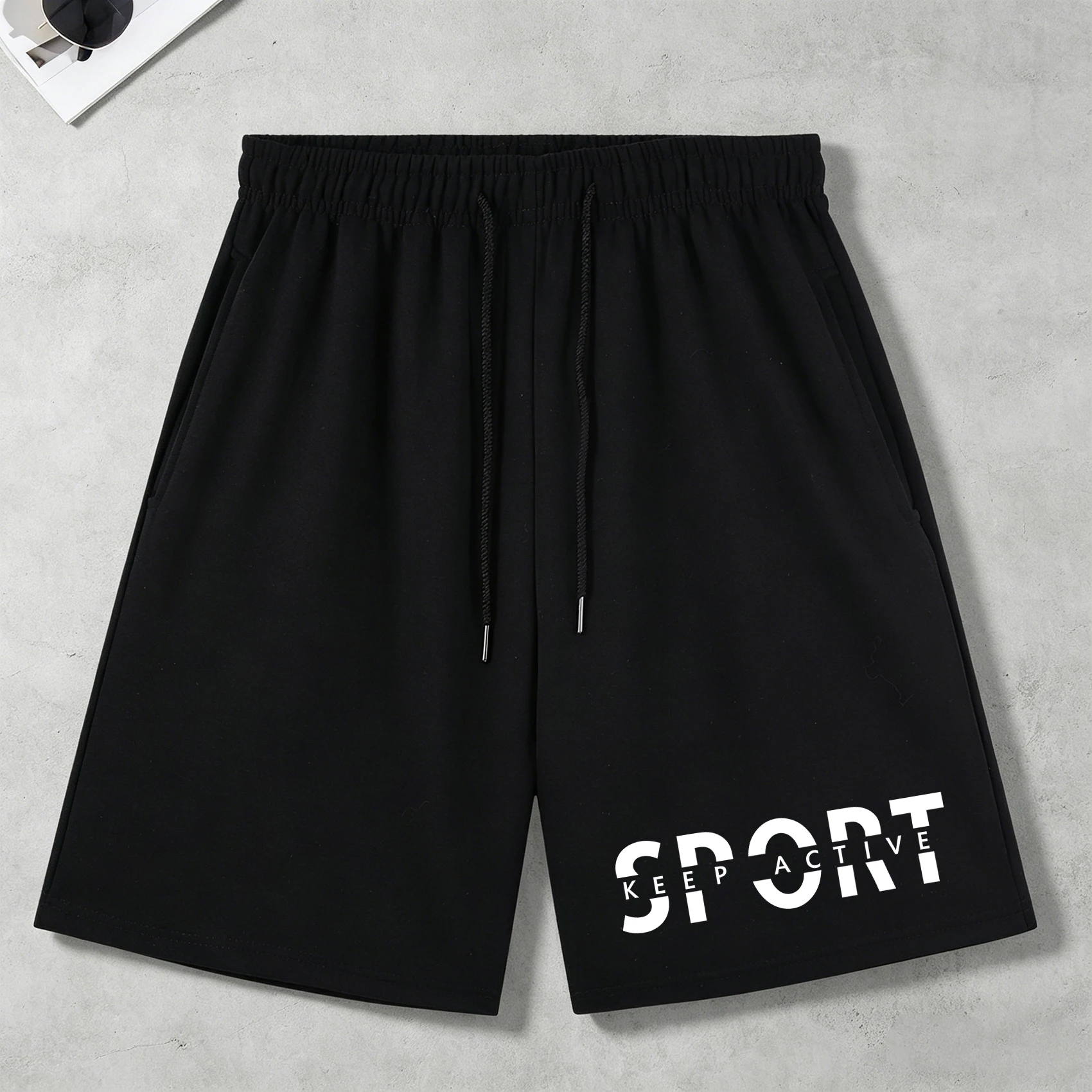 

Sport Keep Active Creative Design Sports Mens Shorts Summer Pocket Black Sportwear Unisex Loose Drawstring Wide-Leg Pants