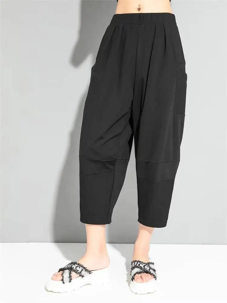 

Ladies Harlan Pants Summer New European And American Black Personality Splicing Leisure Large Size Seven Minutes Pants