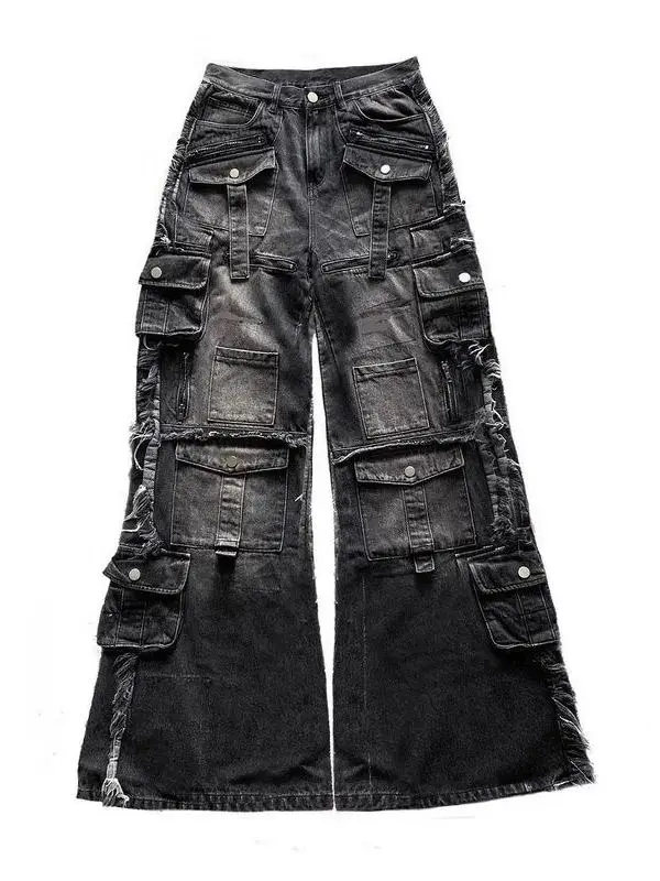 

Bla Loose Dragging Jeans Multi-ket Hip Hop Rap Low Waist Zipper Casual Straight Leg High Elastici Spring Summer Jeans