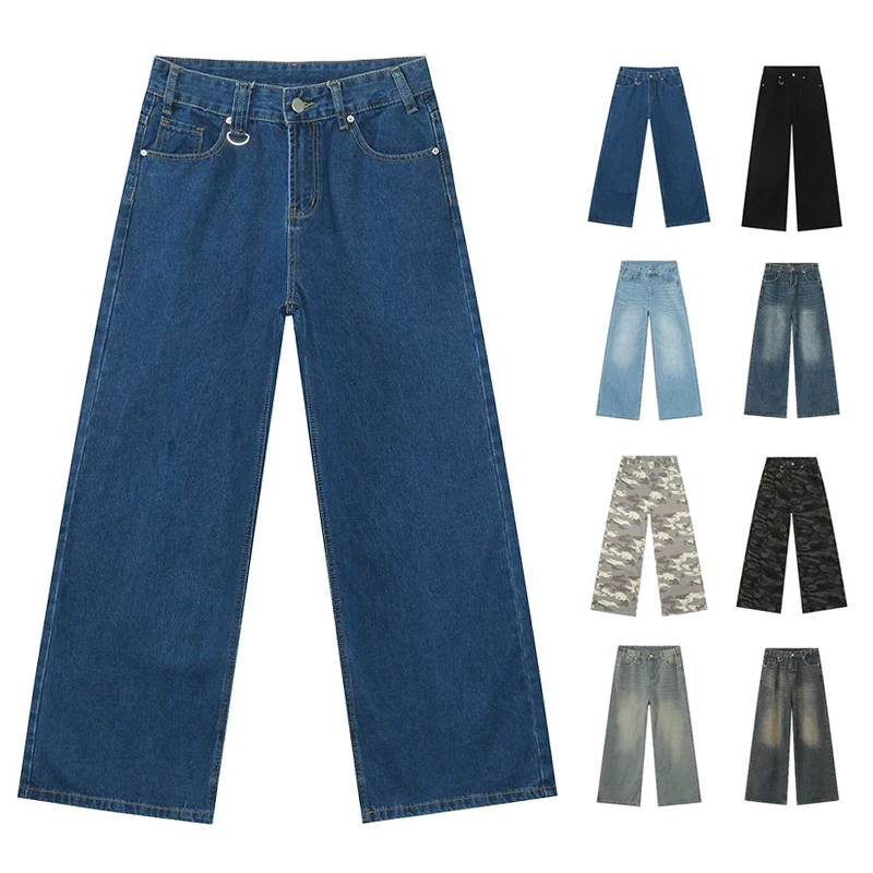 100% Cotton Classic Blue Jeans Men's Baggy Wide Leg Retro Long Denim Pants High Quality Loose Trousers American Street Wear